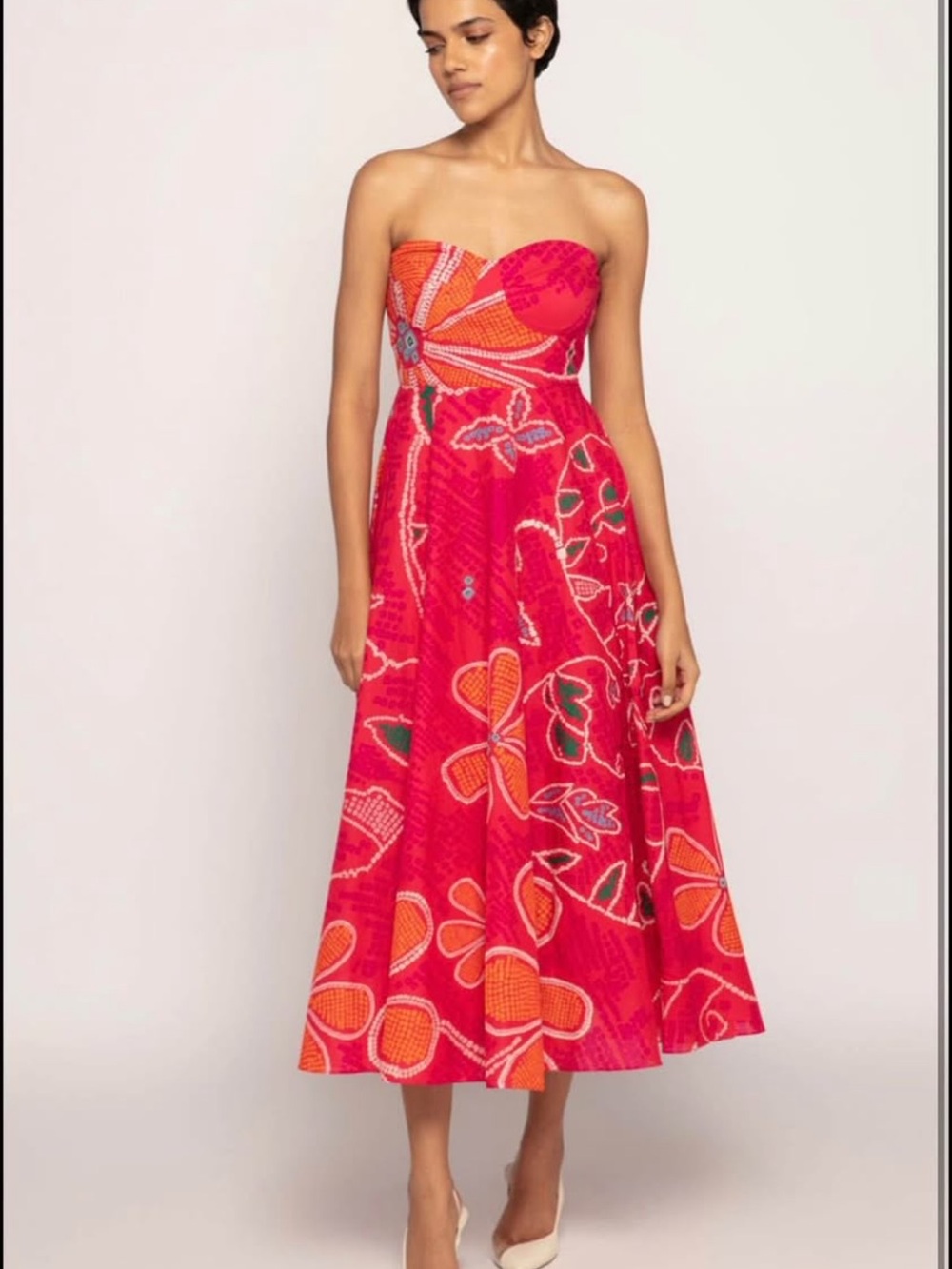 Strapless Pink Floral Print Midi Dress
